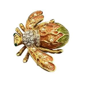 Vintage Joan Rivers Lily Of The Valley Bee Brooch Enamel and Faux Pearl Crystal
